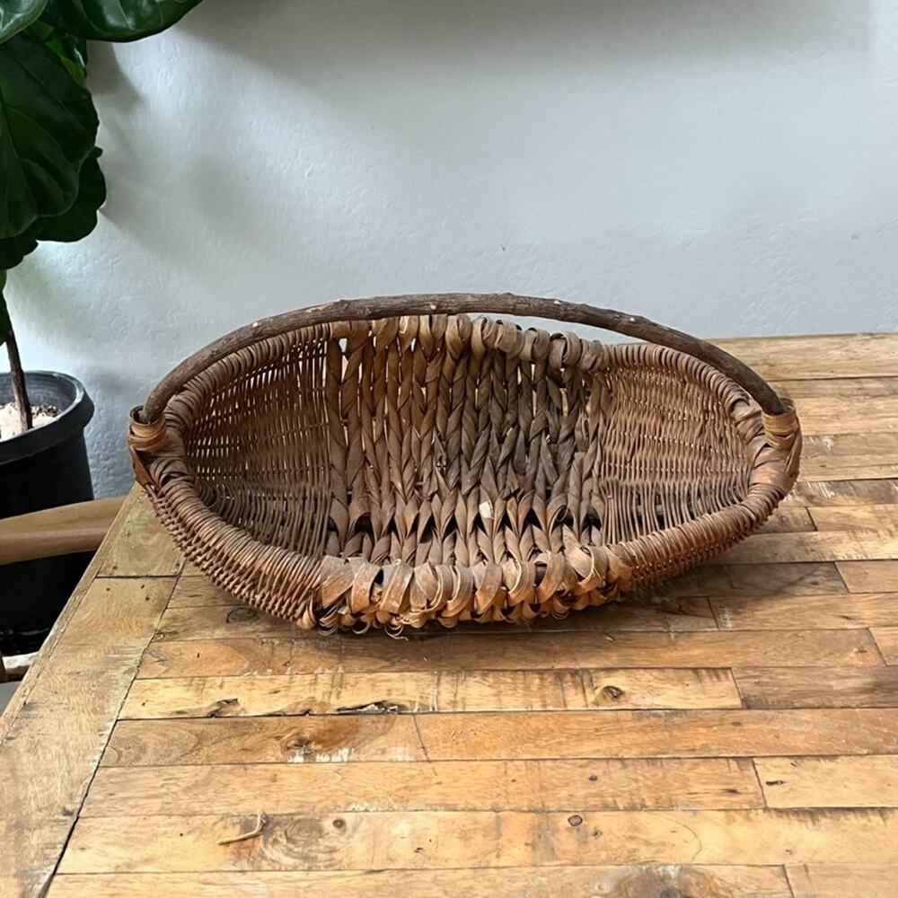 Antique Handwoven Splint Gathering Basket Primitive Farmhouse Rustic
